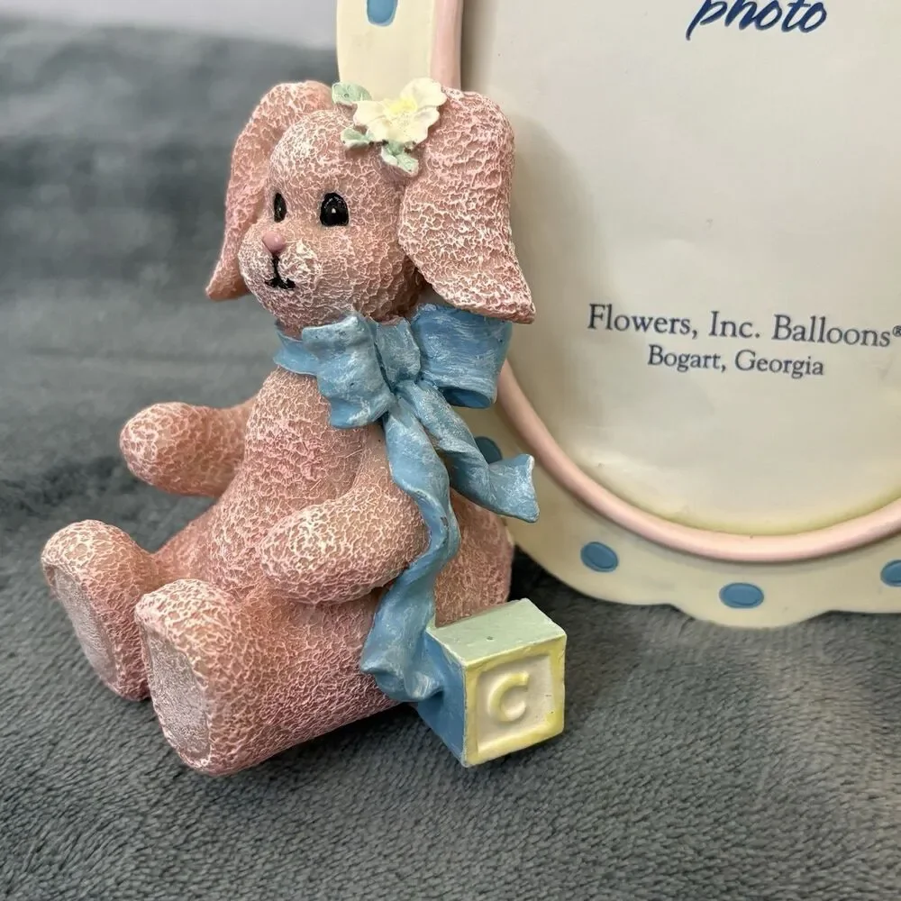 Vintage Baby’s Room Oval Picture Frame Pink Bow Bunny & Bear Fits 3x5 Cottage